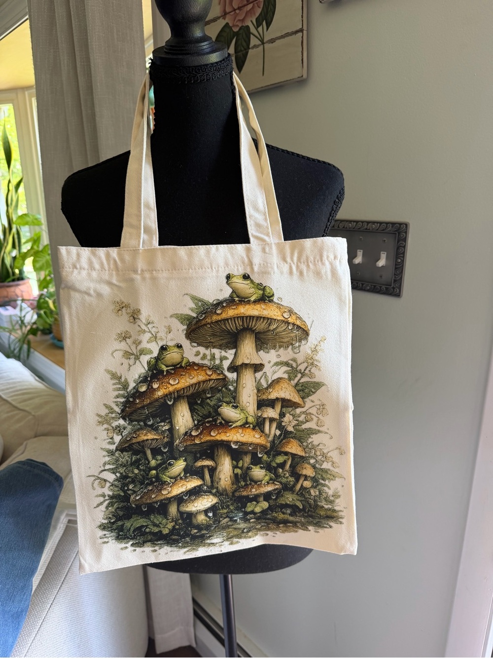 Canvas Tote with Mushroom & Frog Illustration - Cream